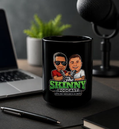 The Skinny Joey Merlino and Lil Snuff Podcast Black Coffee Mug (11oz/15oz) - back view - Skinny Joey's Cheesesteaks