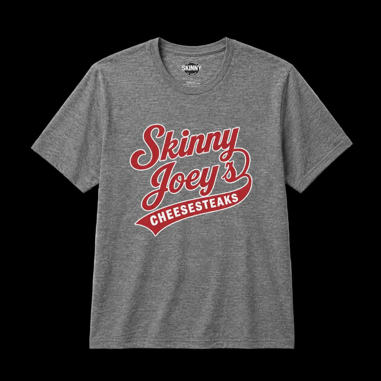 Gray t-shirt with 'Skinny Joey's Cheesesteaks' text on a white background
