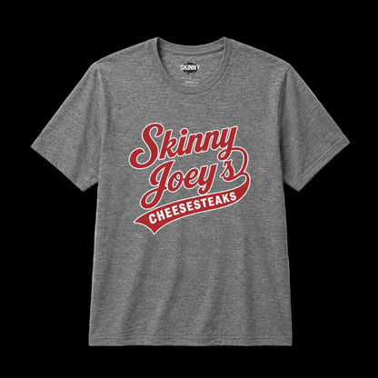 Gray t-shirt with 'Skinny Joey's Cheesesteaks' text on a white background