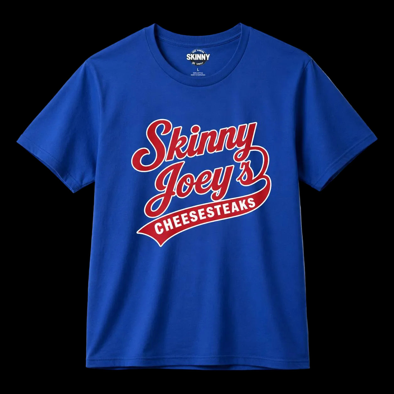 Blue t-shirt with 'Skinny Joey's Cheesesteaks' text on a white background