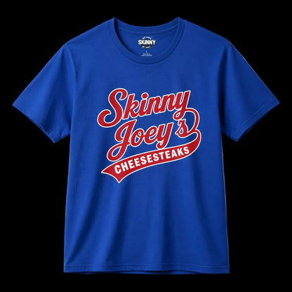 Blue t-shirt with 'Skinny Joey's Cheesesteaks' text on a white background