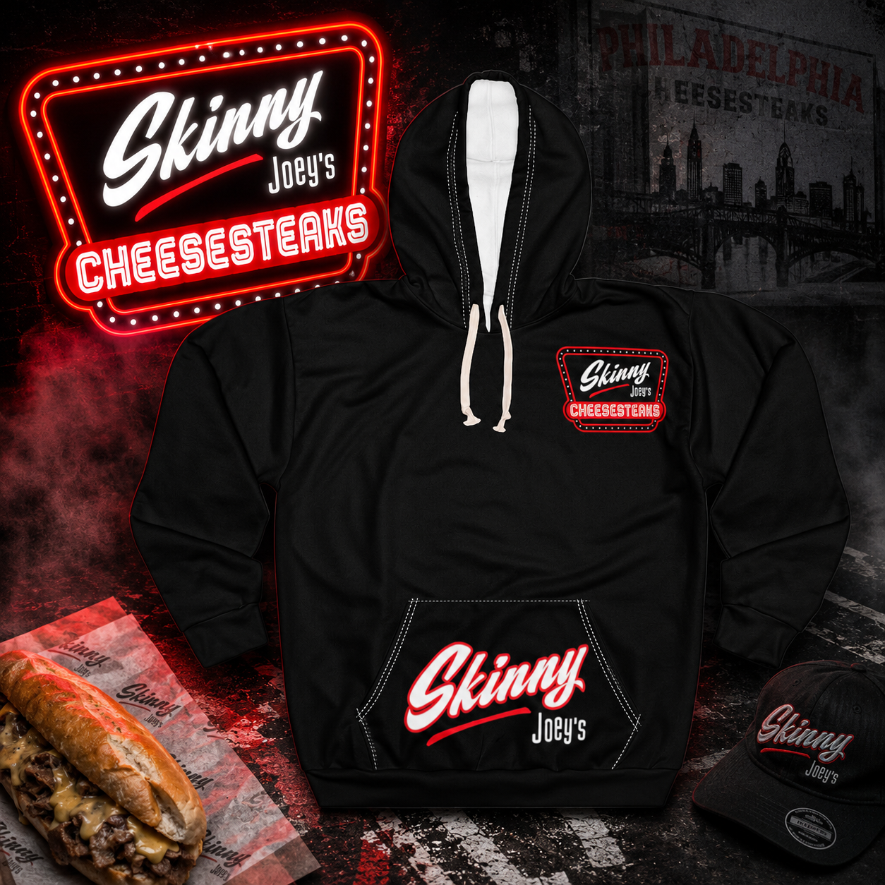 Skinny Joey's Retro Logo Hoodie — Black Pullover with 'Skinny Joey's Cheesesticks' Chest & Pocket Print