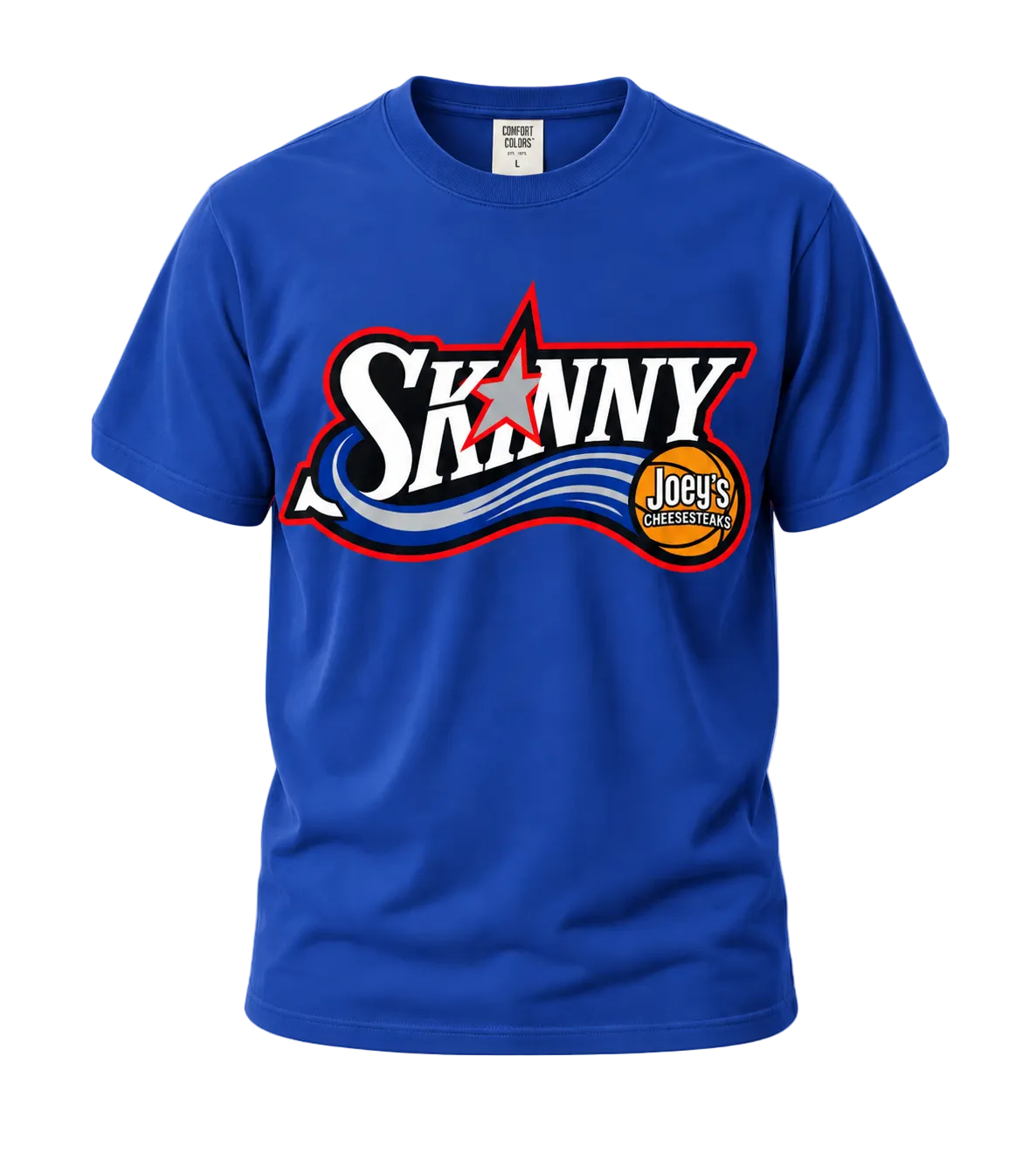 76ers 2026 graphic tee in royal blue, The Skinny Podcast with Joey Merlino & Lil Snuff merch