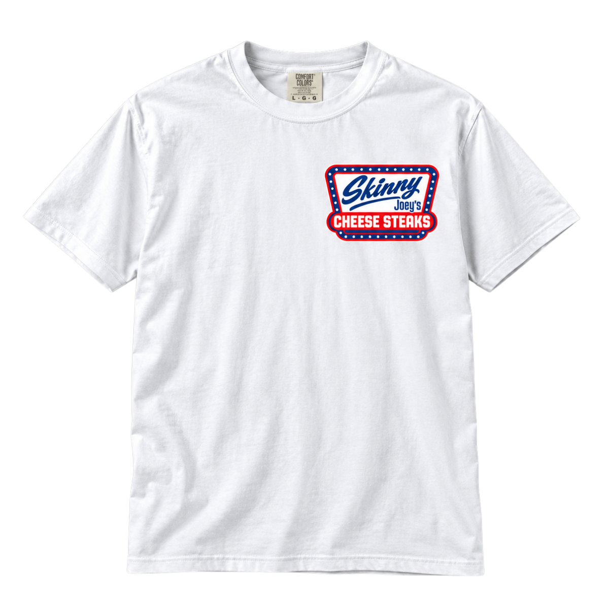 Skinny Joey's Cheesesteaks USA heavyweight tee in white, front, Skinny Joey Merlino merch