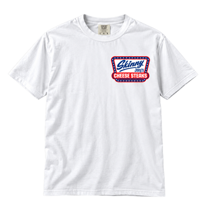 Skinny Joey's Cheesesteaks USA heavyweight tee in white, front, Skinny Joey Merlino merch