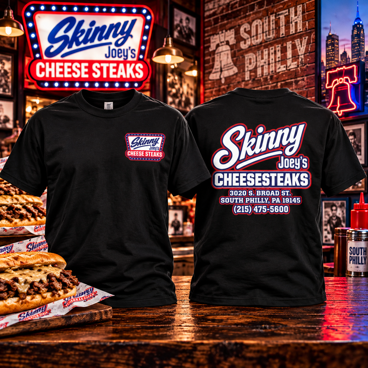 Skinny Joey's Cheesesteaks USA heavyweight tee in black, front and back, South Philly