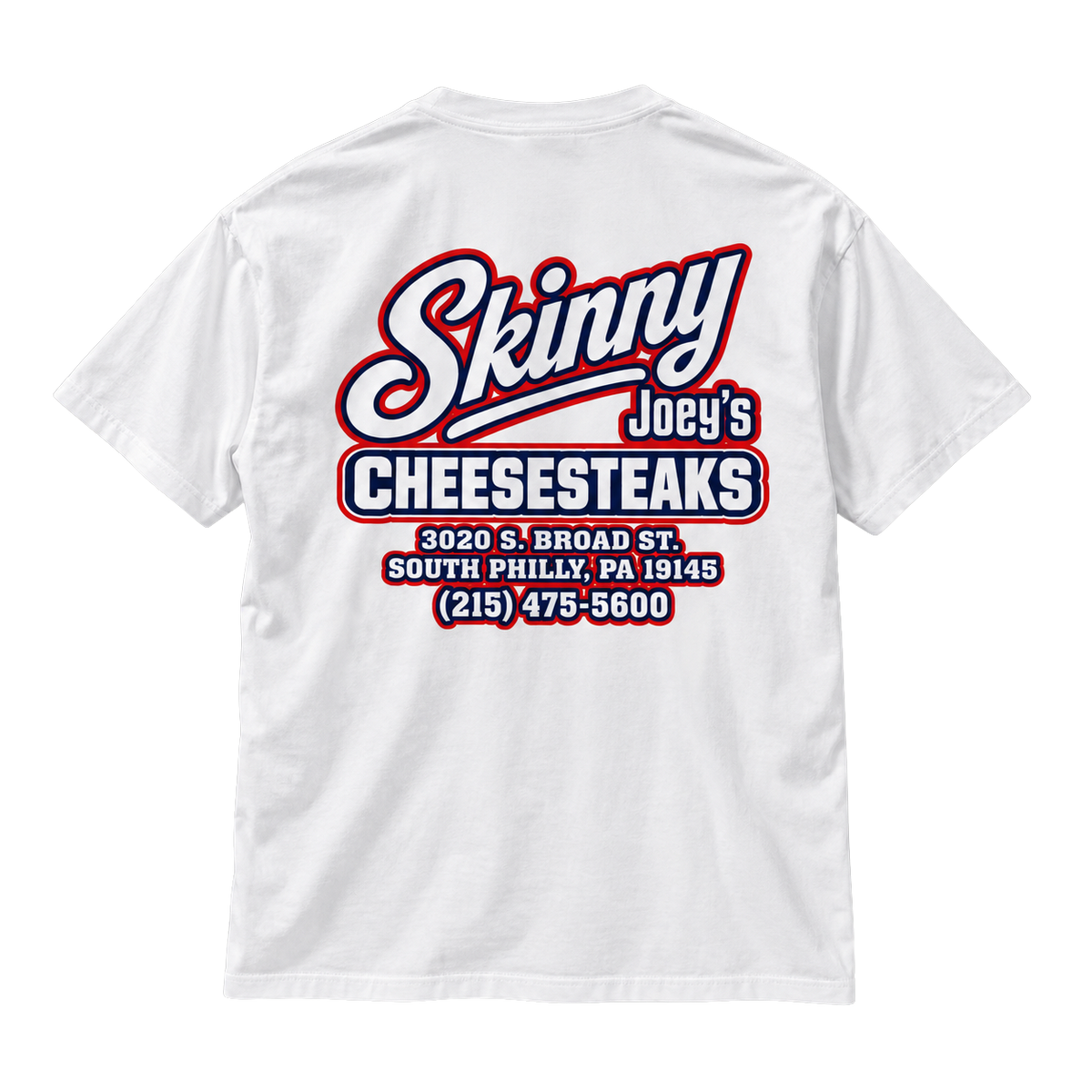 Skinny Joey's Cheesesteaks USA heavyweight tee in white, back, The Skinny with Joey Merlino Podcast