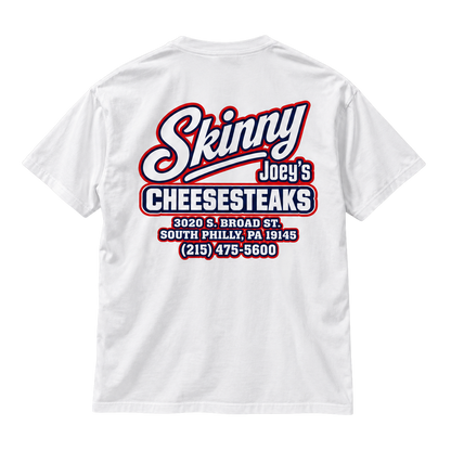 Skinny Joey's Cheesesteaks USA heavyweight tee in white, back, The Skinny with Joey Merlino Podcast