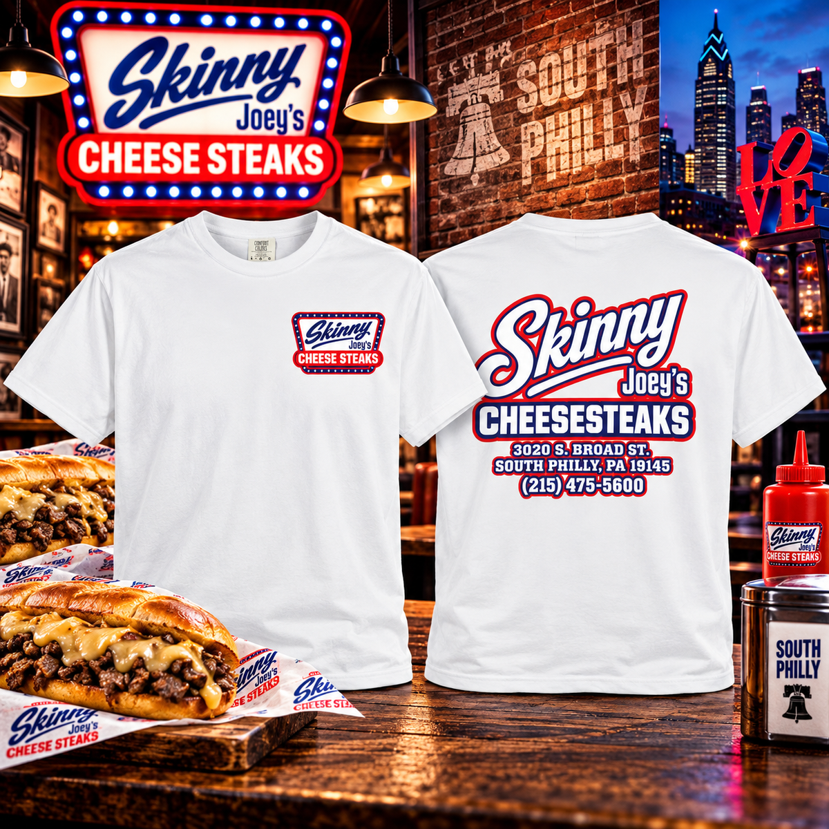 Skinny Joey's Cheesesteaks USA heavyweight tee in white, front and back, Philadelphia