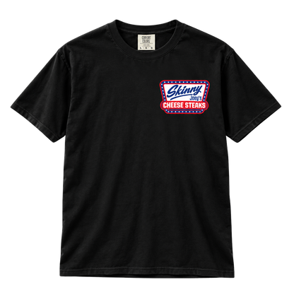 Skinny Joey's Cheesesteaks USA heavyweight tee in black, front, Philadelphia