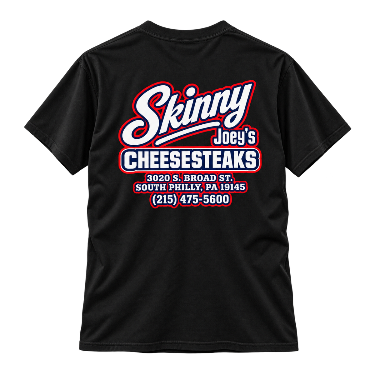 Skinny Joey's Cheesesteaks USA heavyweight tee in black, back, South Philly