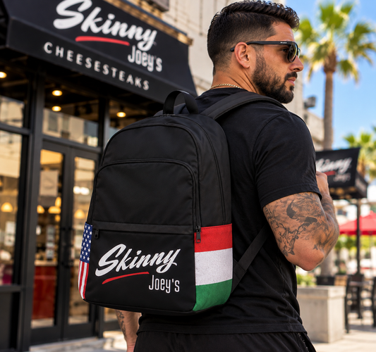 The Skinny backpack with Italian flag panel, worn, Skinny Joey's Cheesesteaks