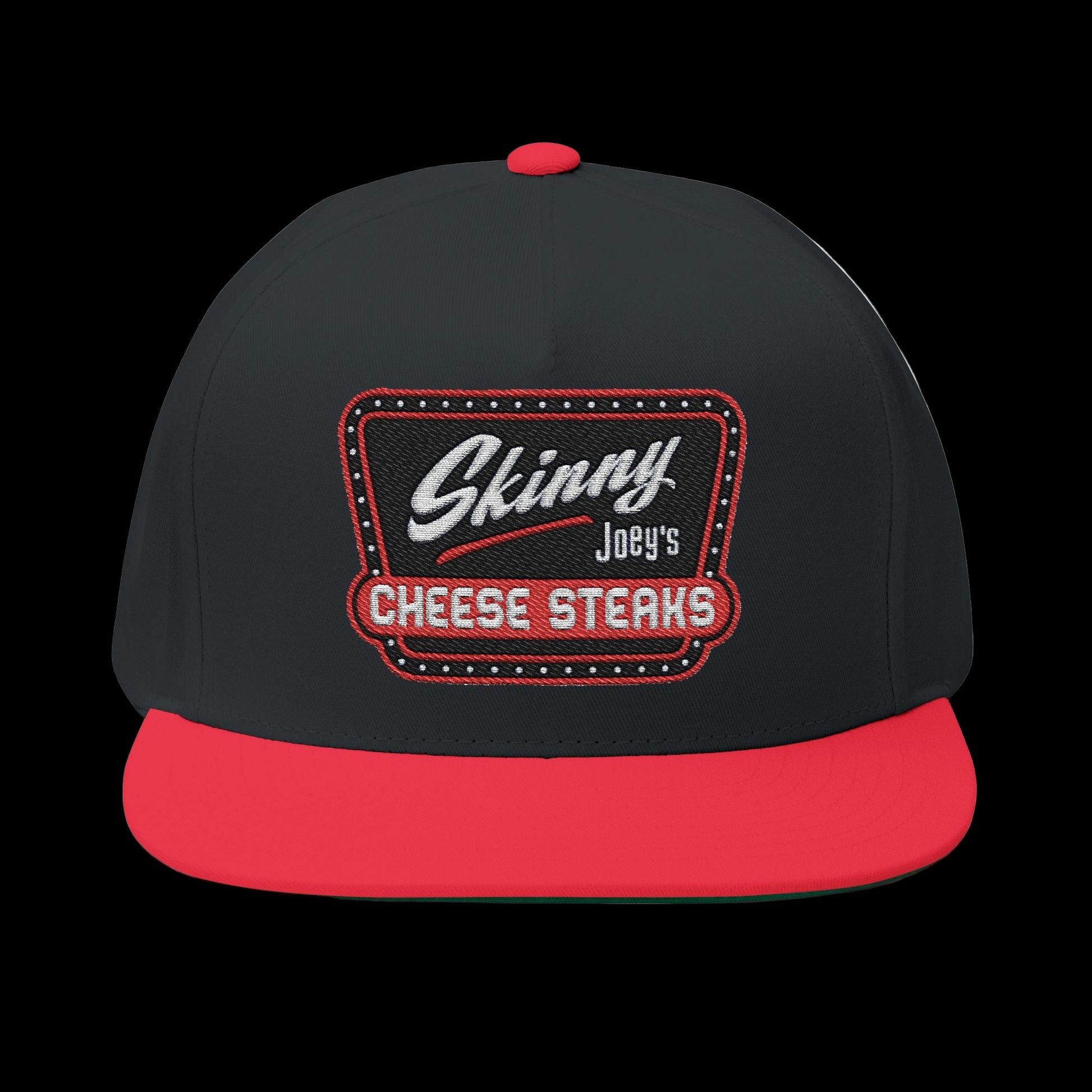 Black and red cap with 'Skinny Joey's Cheese Steaks' logo on a white background