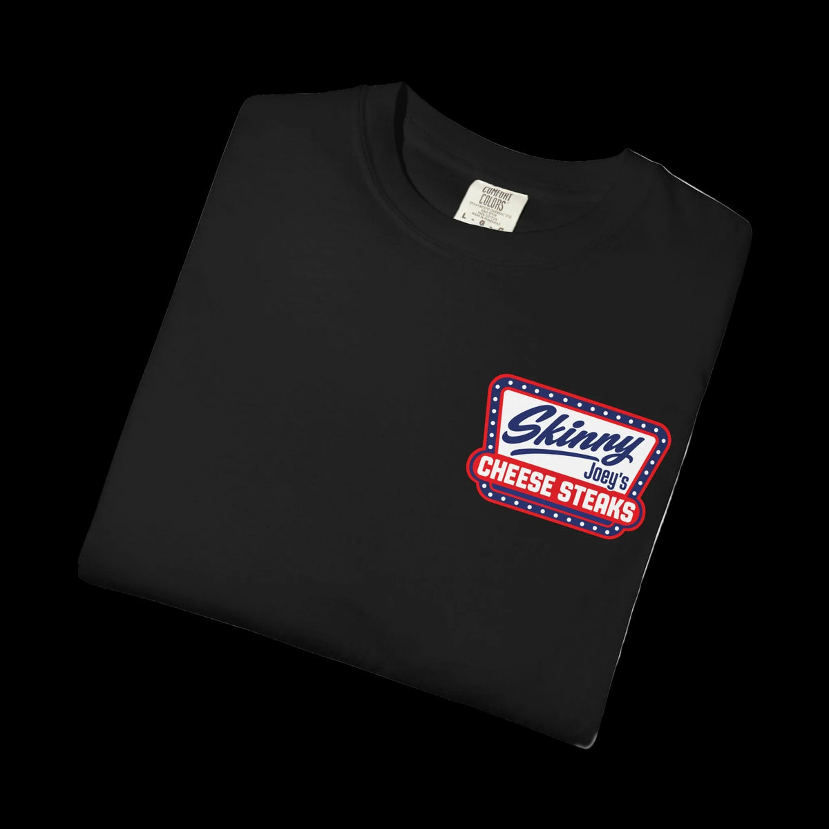 Skinny Joey's Cheesesteaks USA heavyweight tee in black, folded, Skinny Joey Merlino merch