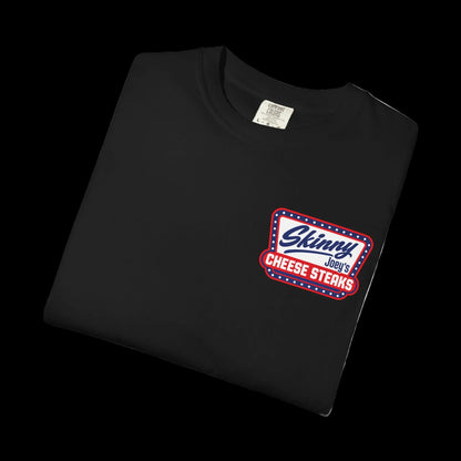 Skinny Joey's Cheesesteaks USA heavyweight tee in black, folded, Skinny Joey Merlino merch