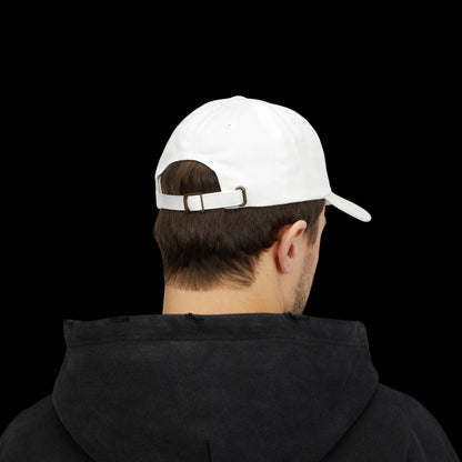 Person wearing a white cap and black hoodie from behind on a white background