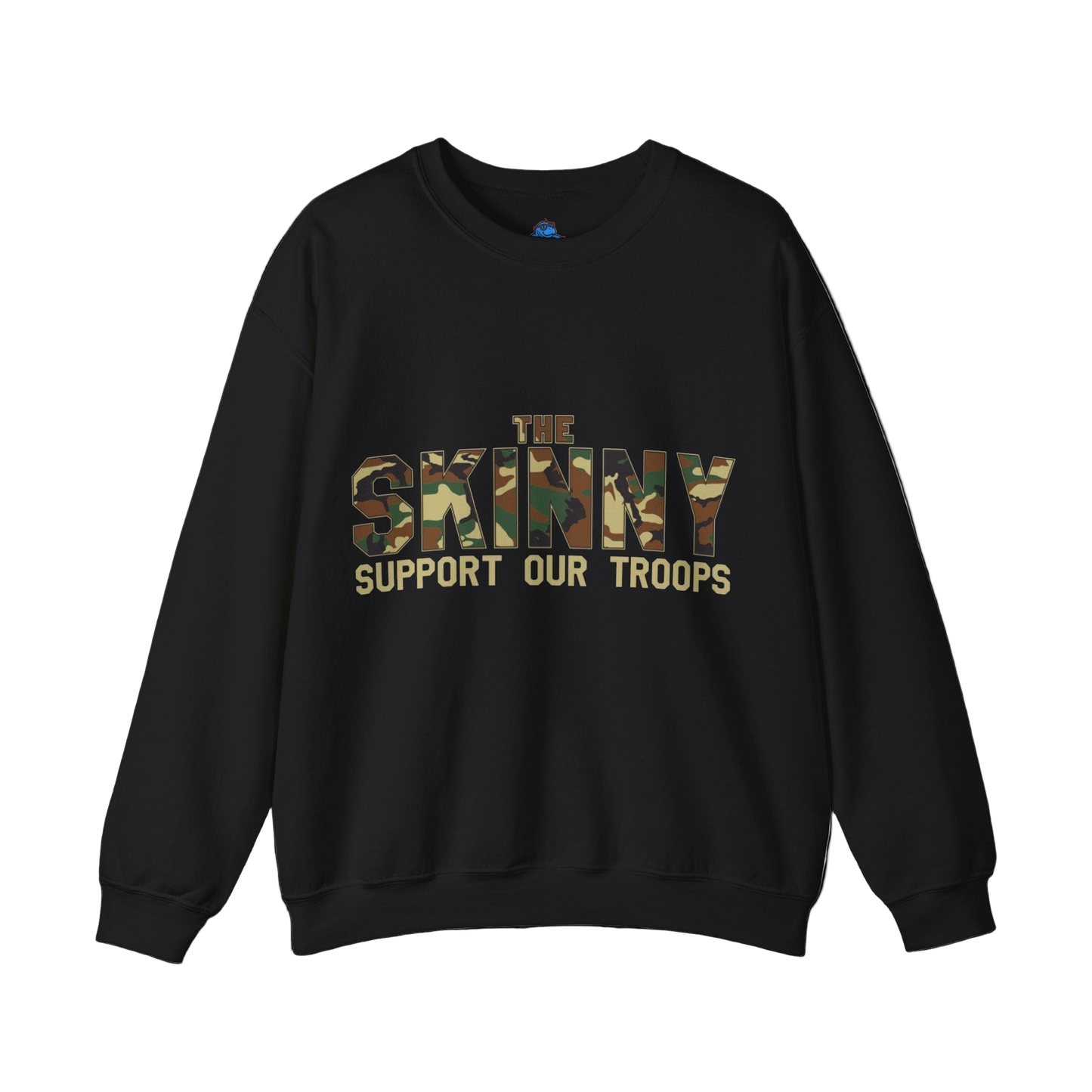 Black sweatshirt with 'The Skinny Support Our Troops' text on a white background