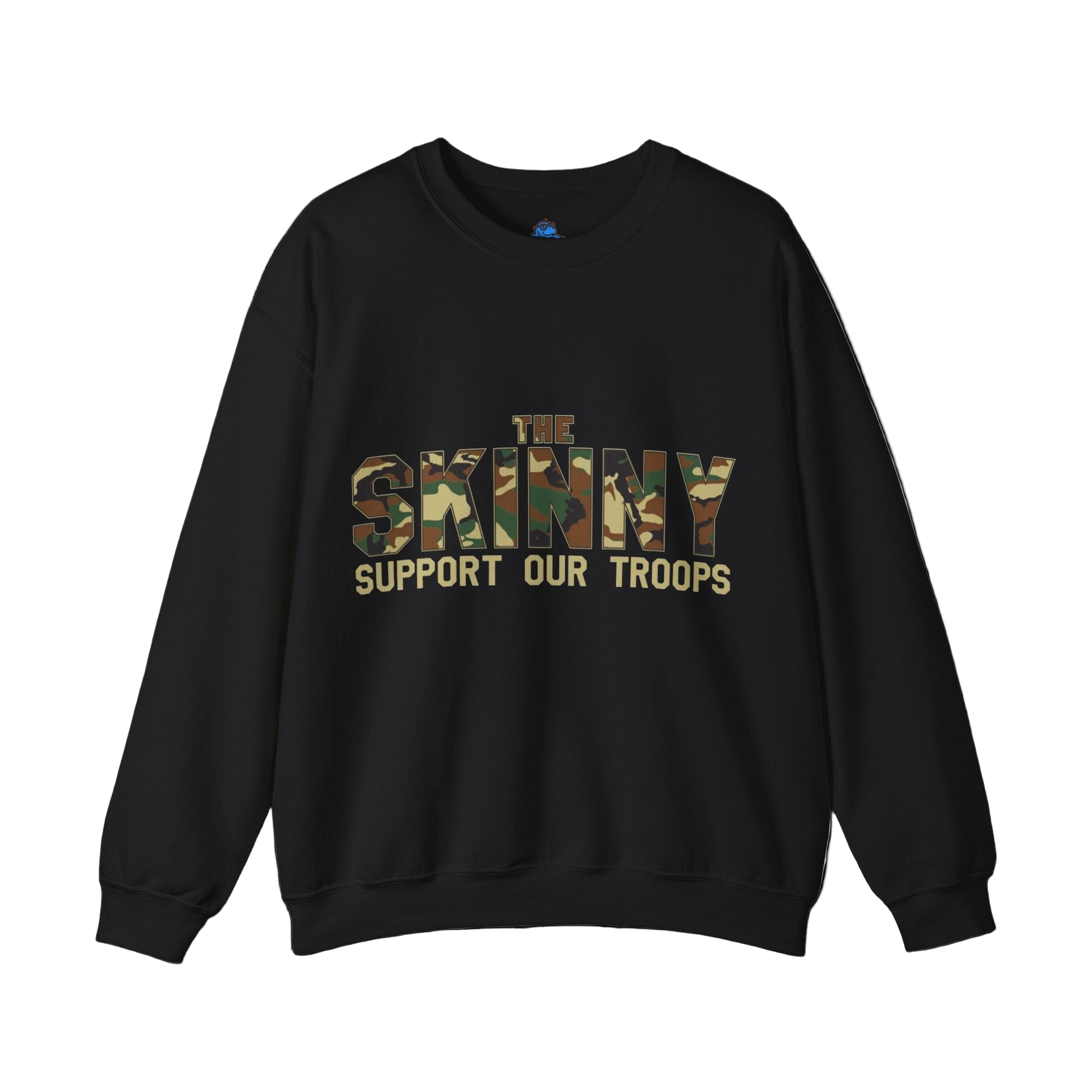 Black sweatshirt with 'The Skinny Support Our Troops' text on a white background