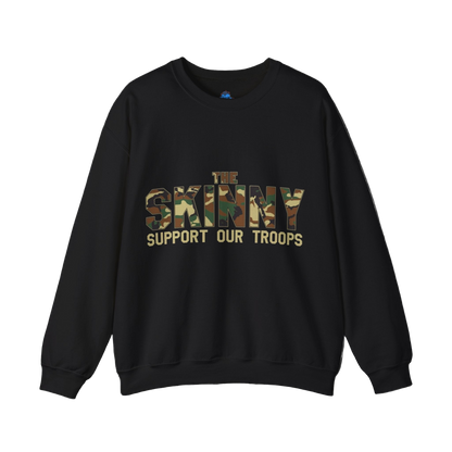 Black sweatshirt with 'The Skinny Support Our Troops' text on a white background