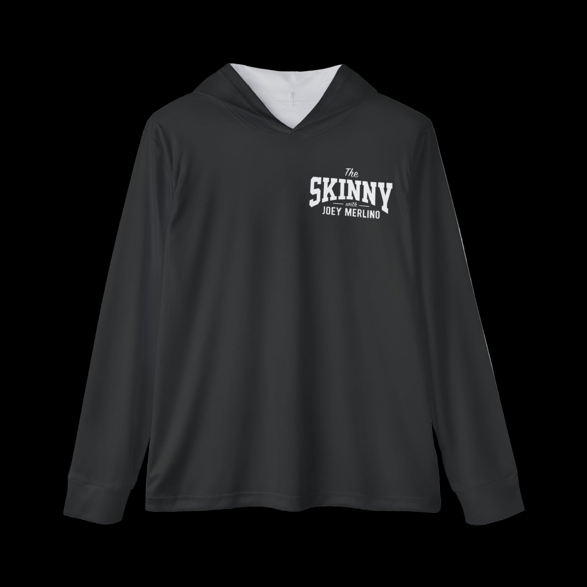 Black hoodie with 'The Skinny Joey Merino' text on a white background