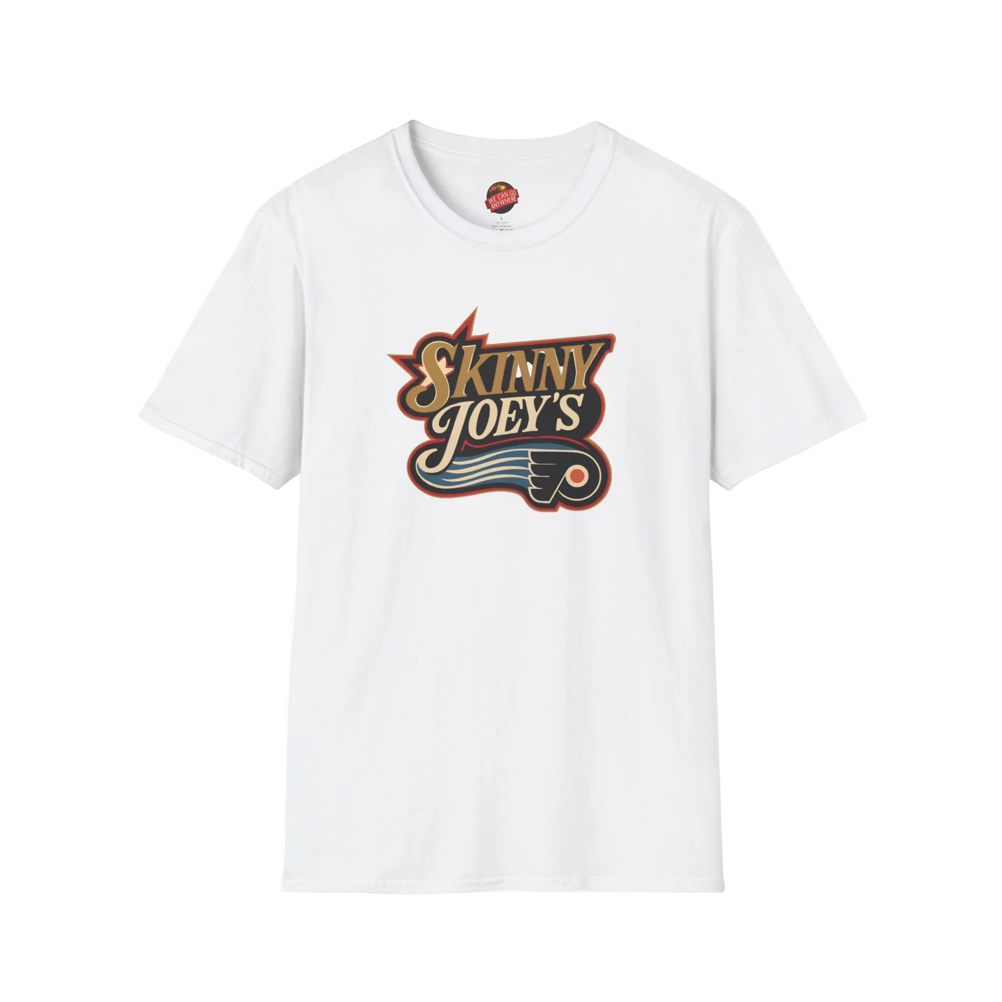 White t-shirt with 'Skinny Joey's' logo on a white background