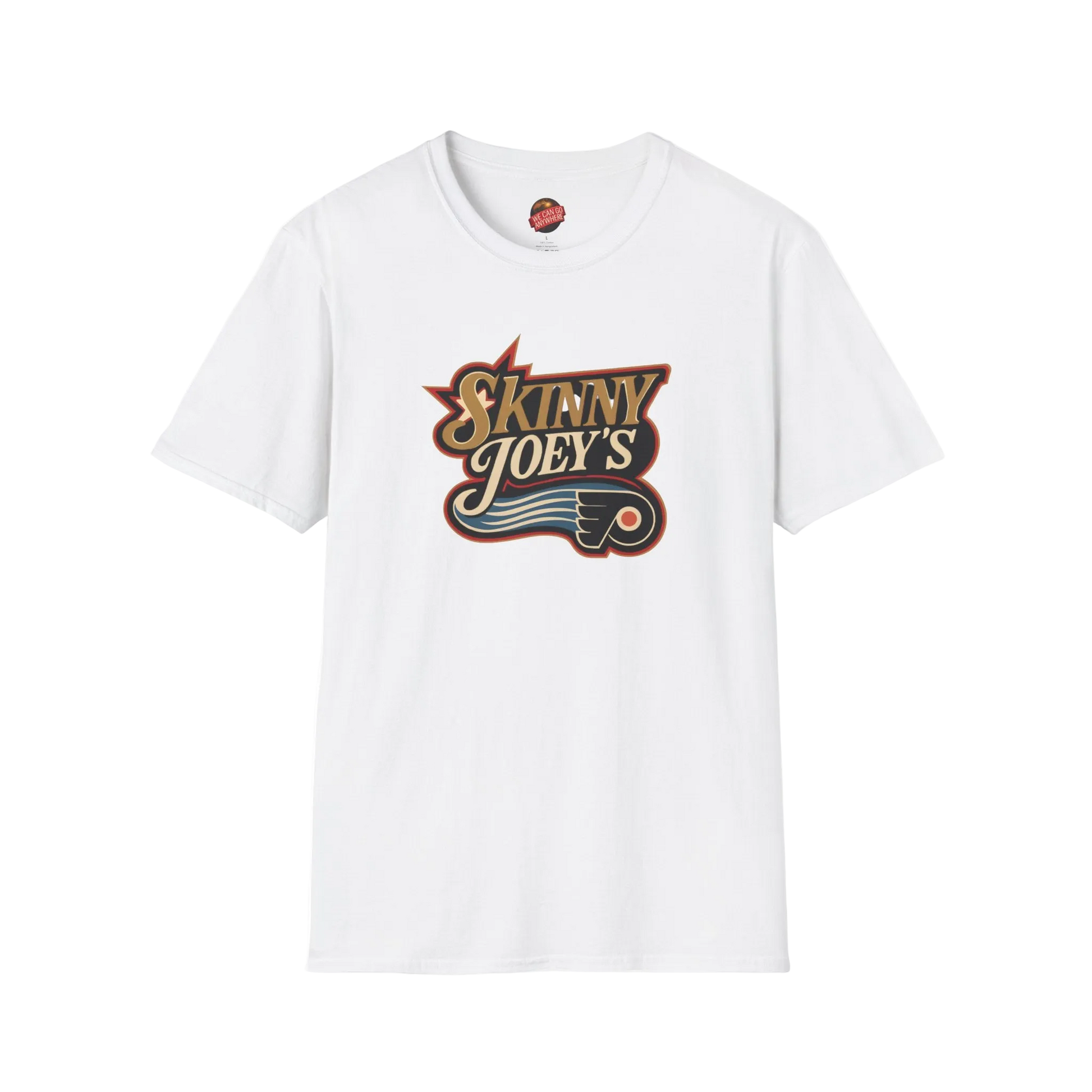 White t-shirt with 'Skinny Joey's' logo on a white background