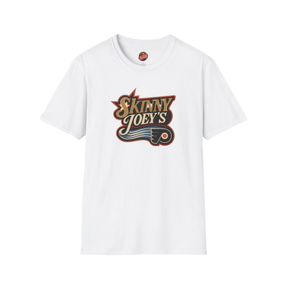 White t-shirt with 'Skinny Joey's' logo on a white background