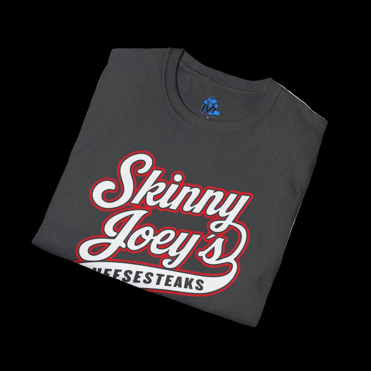 Folded t-shirt with 'Skinny Joey's Cheesesteaks' text on a white background