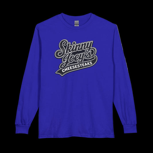 Blue long-sleeve shirt with 'Skinny Joey's Cheesesteaks' text on a white background