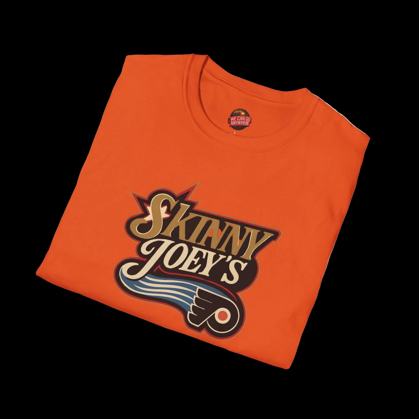 Orange t-shirt with 'Skinny Joey's' logo on a black background