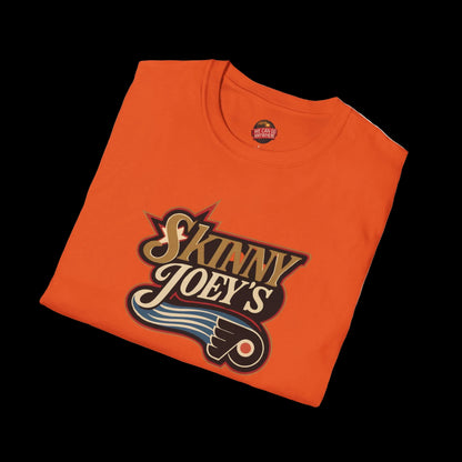 Orange t-shirt with 'Skinny Joey's' logo on a black background