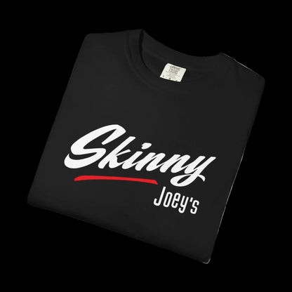 Black t-shirt with 'Skinny Joey's' text on a black background