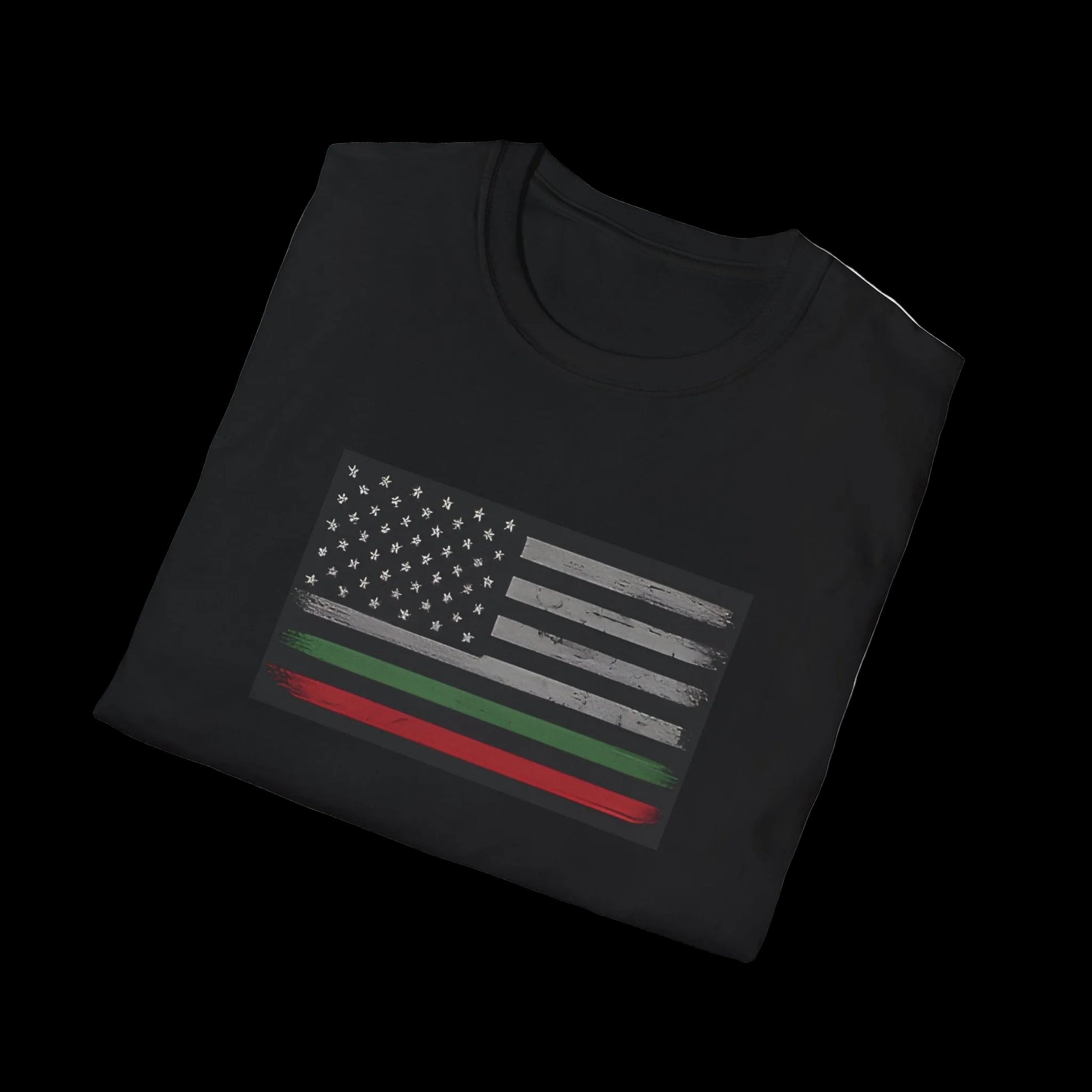 Black t-shirt with American flag design on a white background