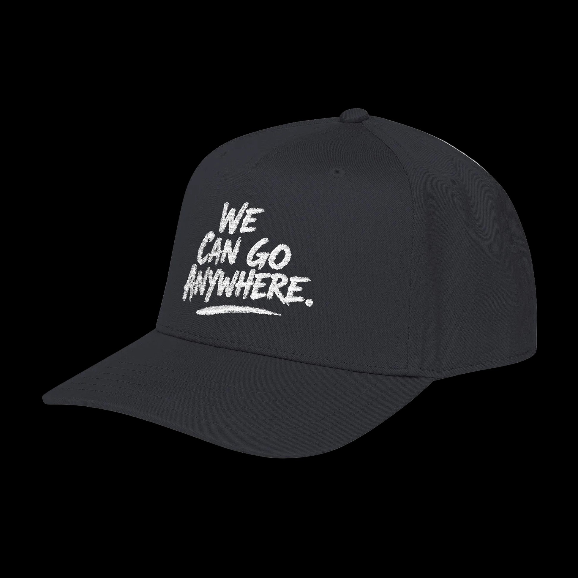 Black cap with 'We Can Go Anywhere' text on a white background