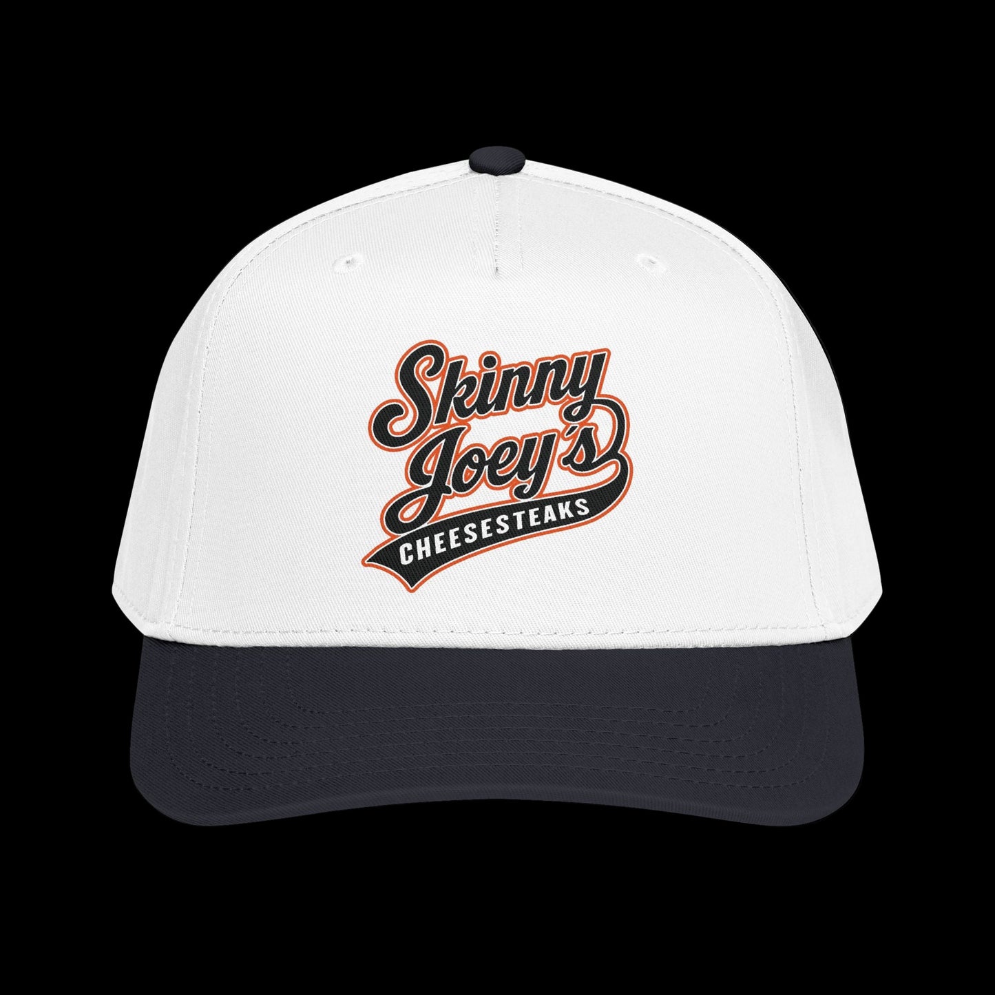 White cap with 'Skinny Joey's Cheesesteaks' logo on a black background