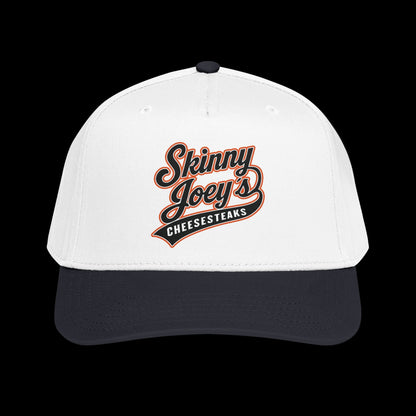 White cap with 'Skinny Joey's Cheesesteaks' logo on a black background