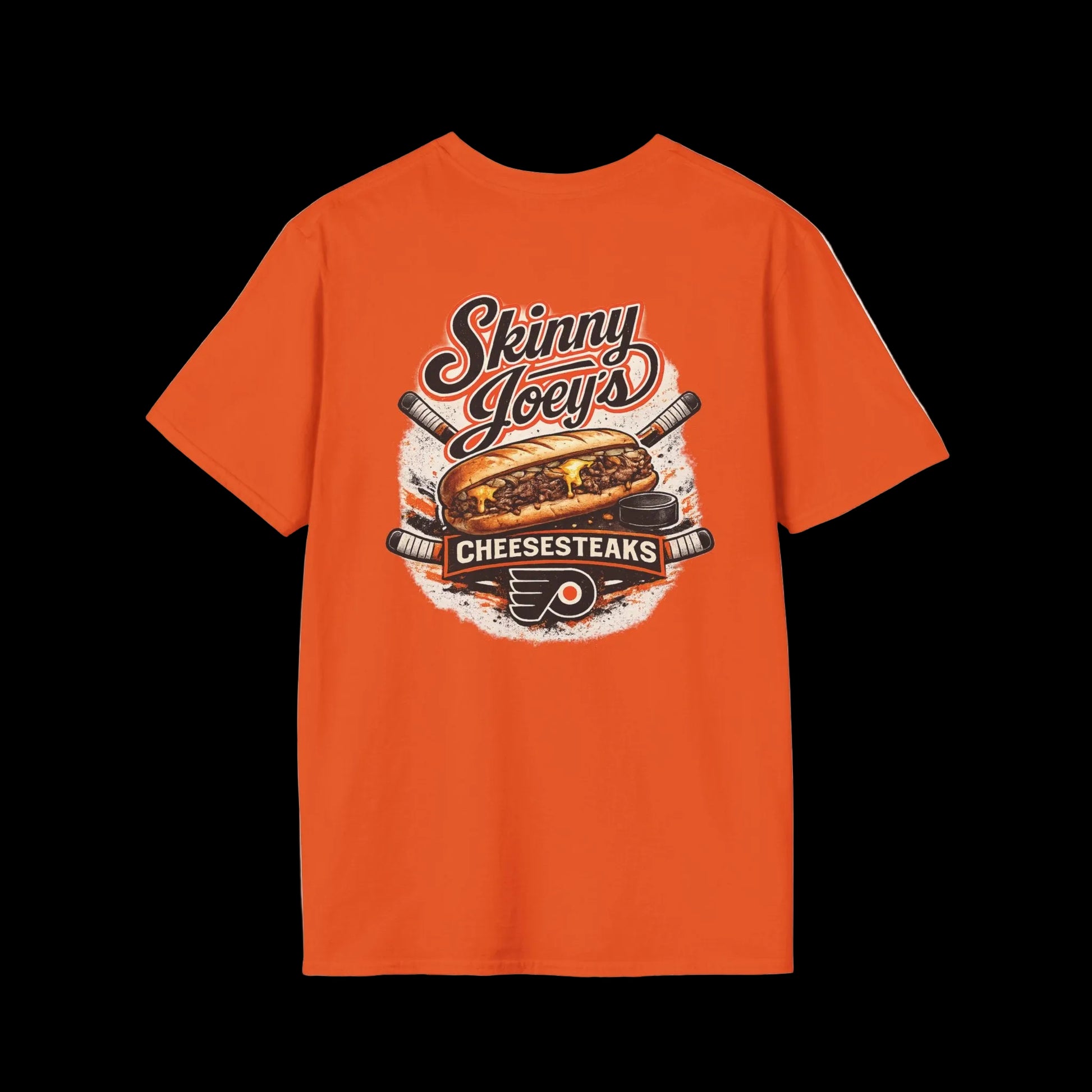 Orange t-shirt with 'Skinny Joey's Cheesesteaks' graphic on a white background