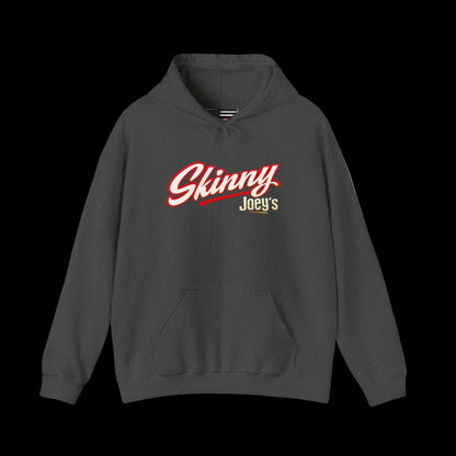 Gray hoodie with 'Skinny Joey's' text on a white background