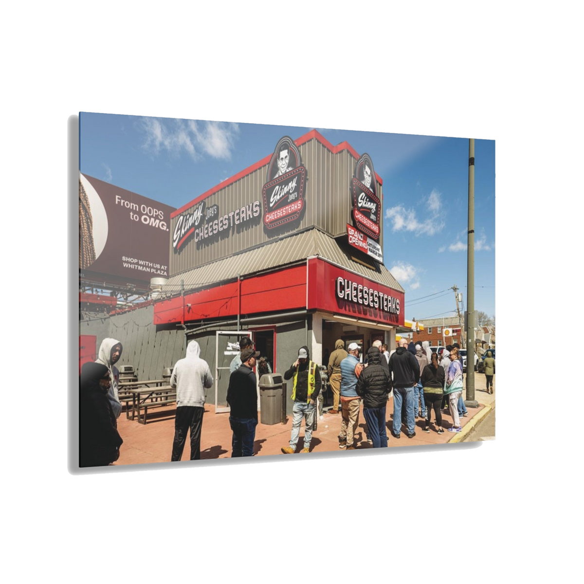 Skinny Joey's Cheesesteaks acrylic wall art, 30x20 in, South Philly streetwear