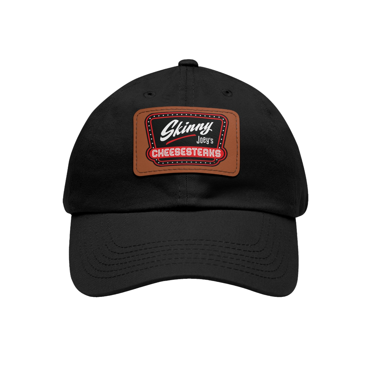 Skinny Joey leather patch dad hat in black and light brown, Italian American pride apparel