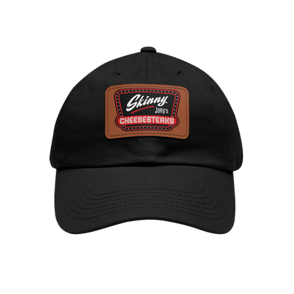 Skinny Joey leather patch dad hat in black and light brown, Italian American pride apparel