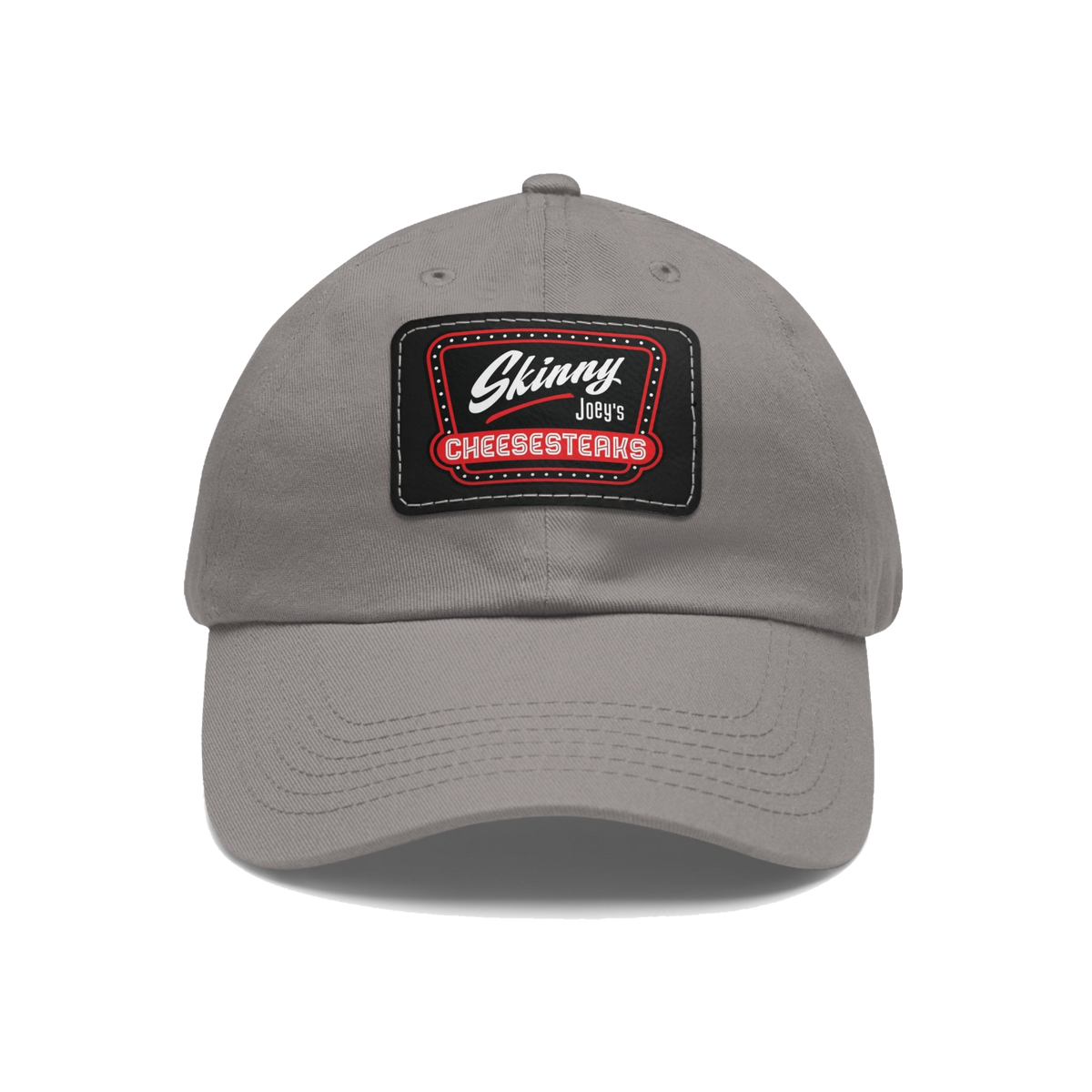 Skinny Joey leather patch dad hat in grey and black patch, The Skinny Podcast with Joey Merlino & Lil Snuff merch