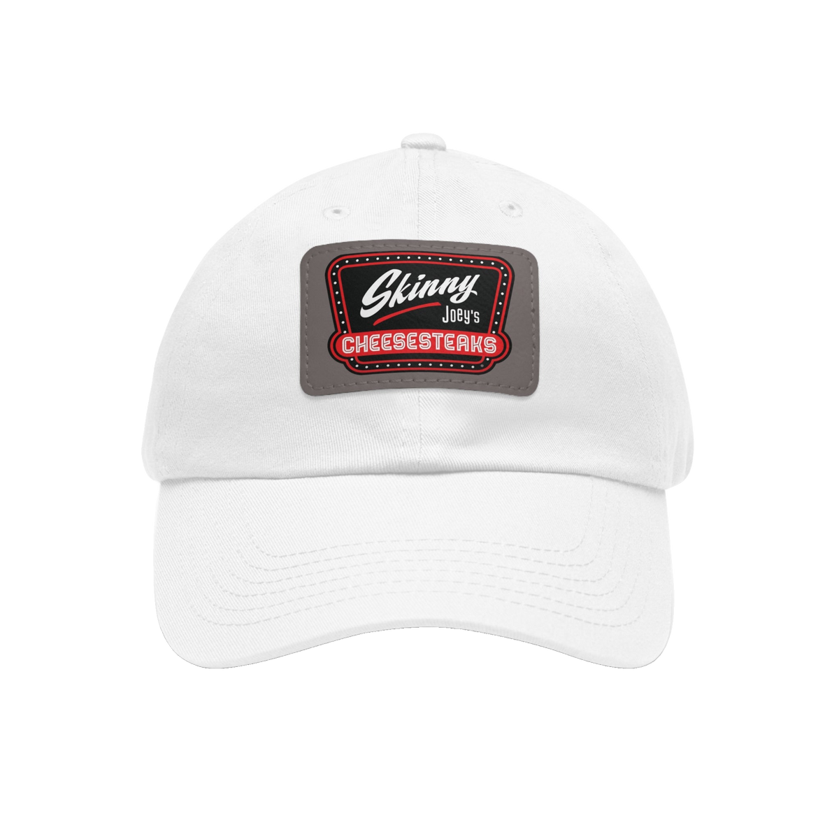 Skinny Joey leather patch dad hat in white and grey patch, The Skinny Podcast with Joey Merlino & Lil Snuff merch