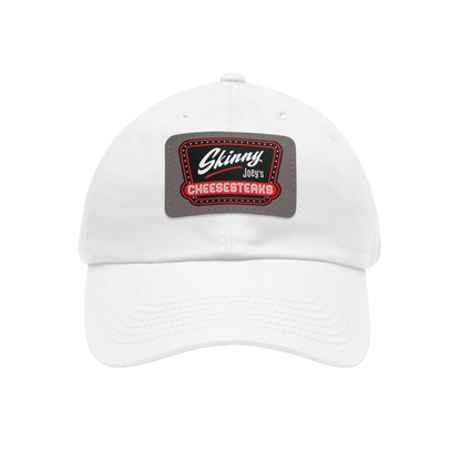 Skinny Joey leather patch dad hat in white and grey patch, The Skinny Podcast with Joey Merlino & Lil Snuff merch