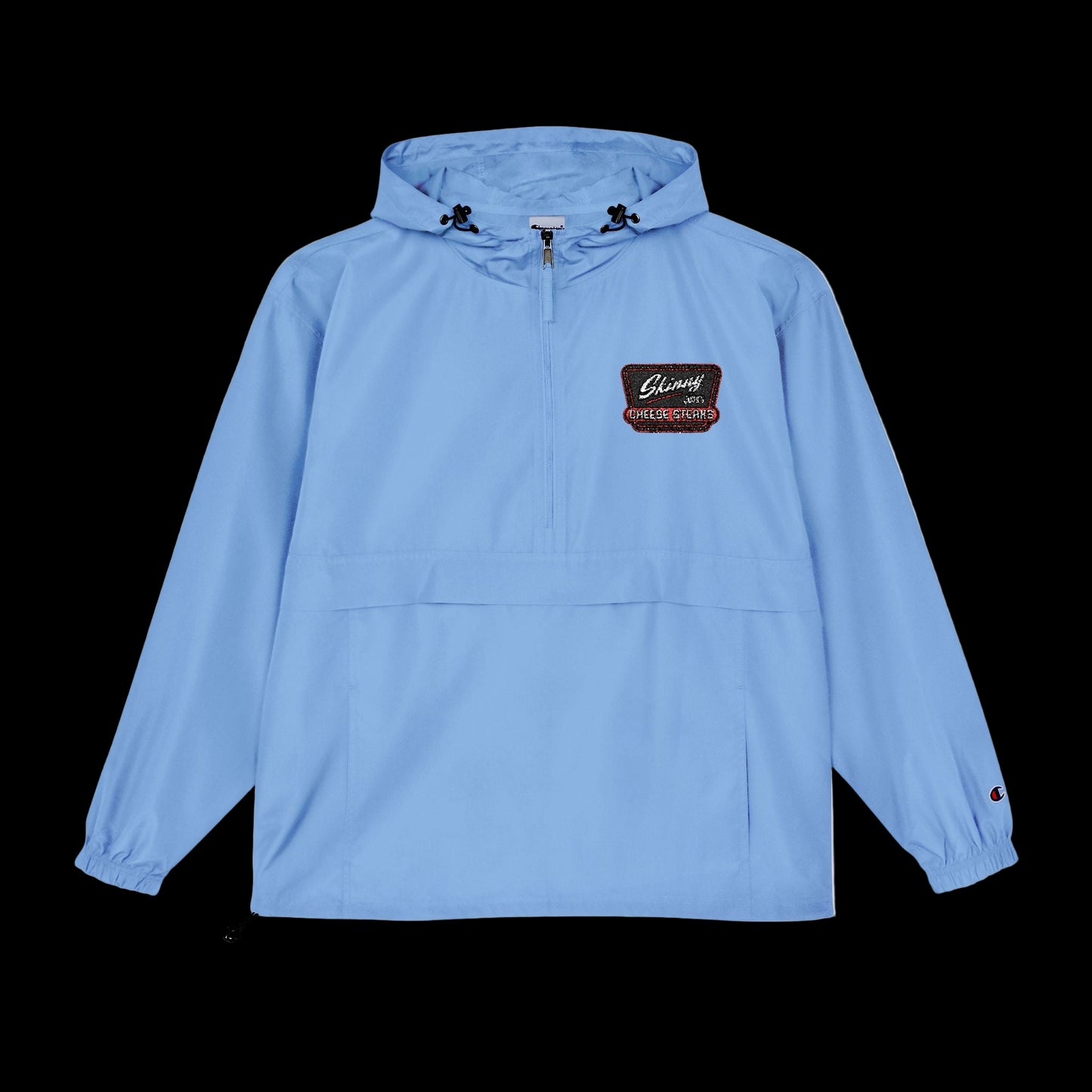 Light blue pullover with a logo on a white background