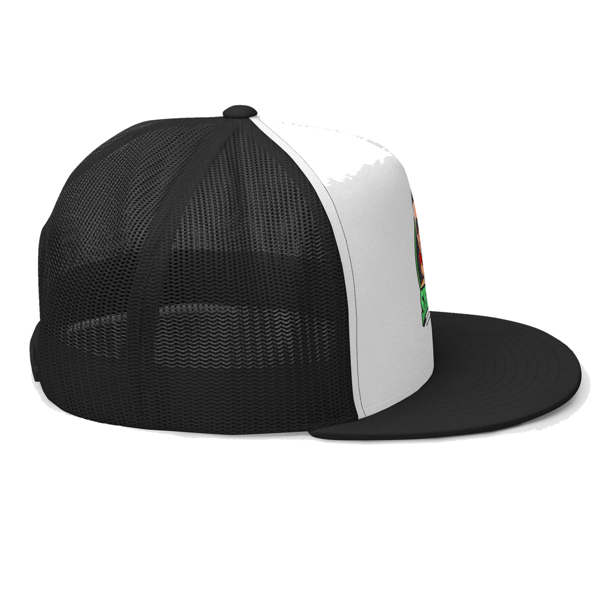 Skinny Podcast classic trucker hat in black, side view, Italian American pride apparel