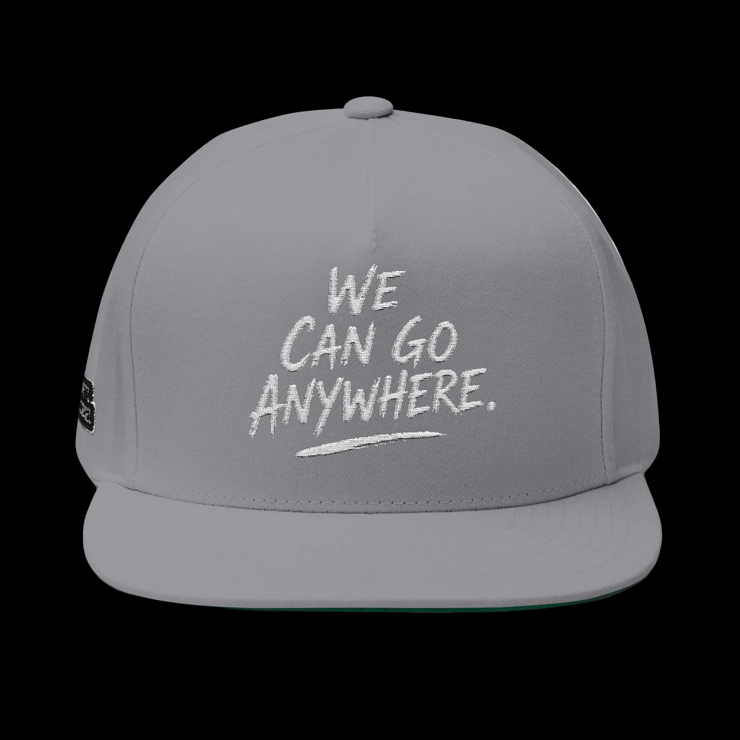 Gray cap with 'We can go anywhere.' text on a white background