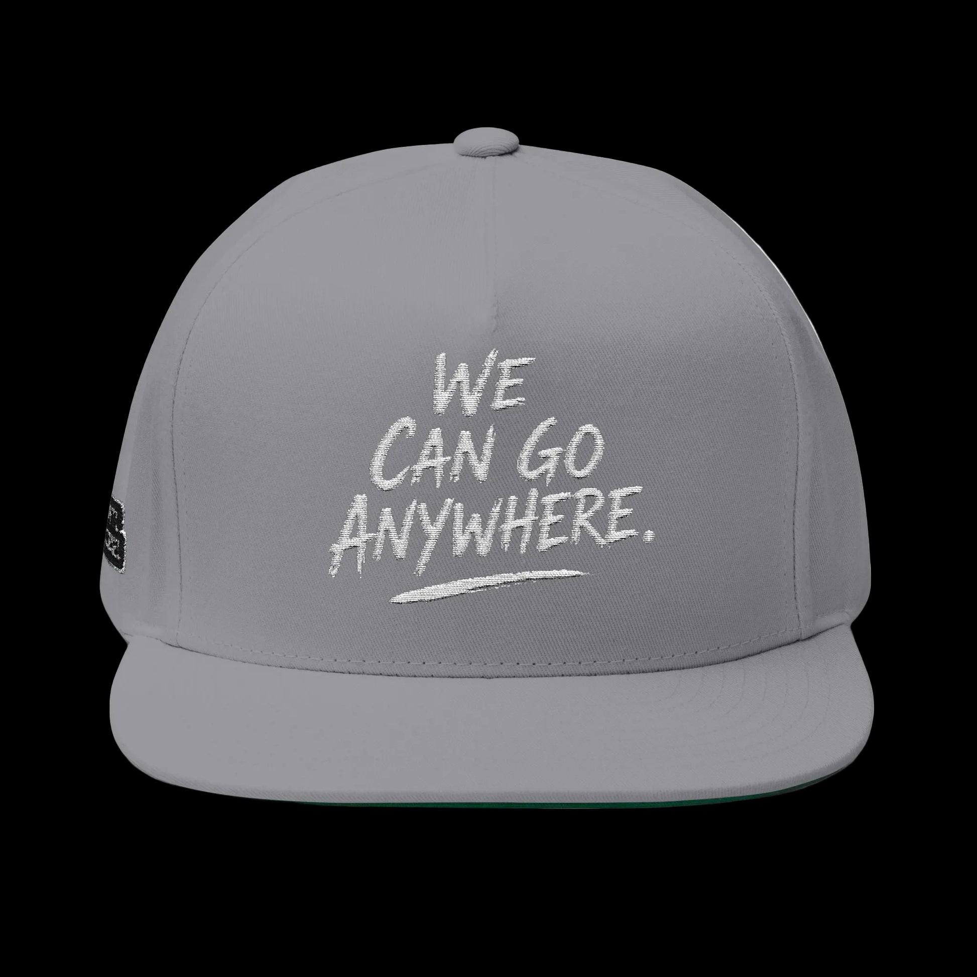Gray cap with 'We can go anywhere.' text on a white background