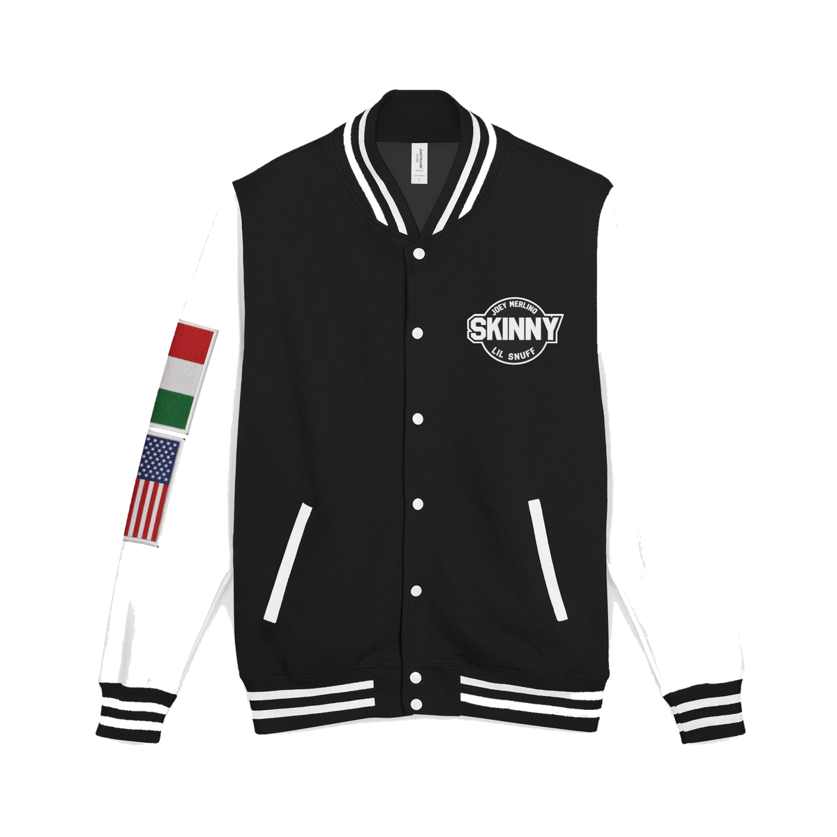 Skinny Joey letterman jacket in jet black and arctic white, Skinny Joey's Cheesesteaks apparel