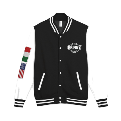 Skinny Joey letterman jacket in jet black and arctic white, Skinny Joey's Cheesesteaks apparel